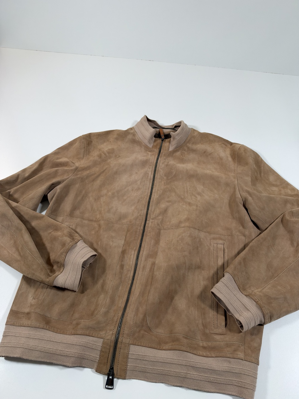 Canali Jacket Mens 48 Brown Lamb Suede Bomber Full Zip Knit Trim Collared Italy